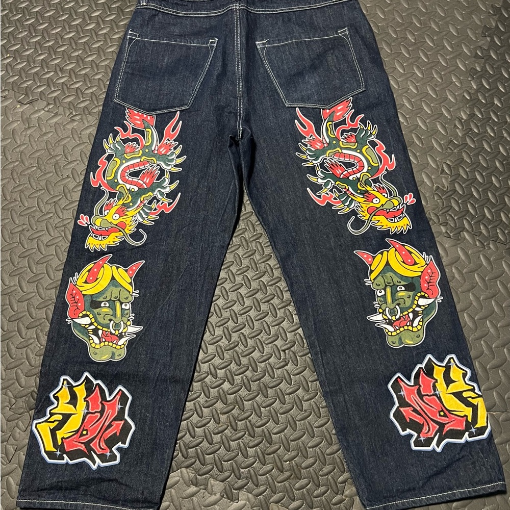 Men's Relaxed Fit Jeans with Dragon Print